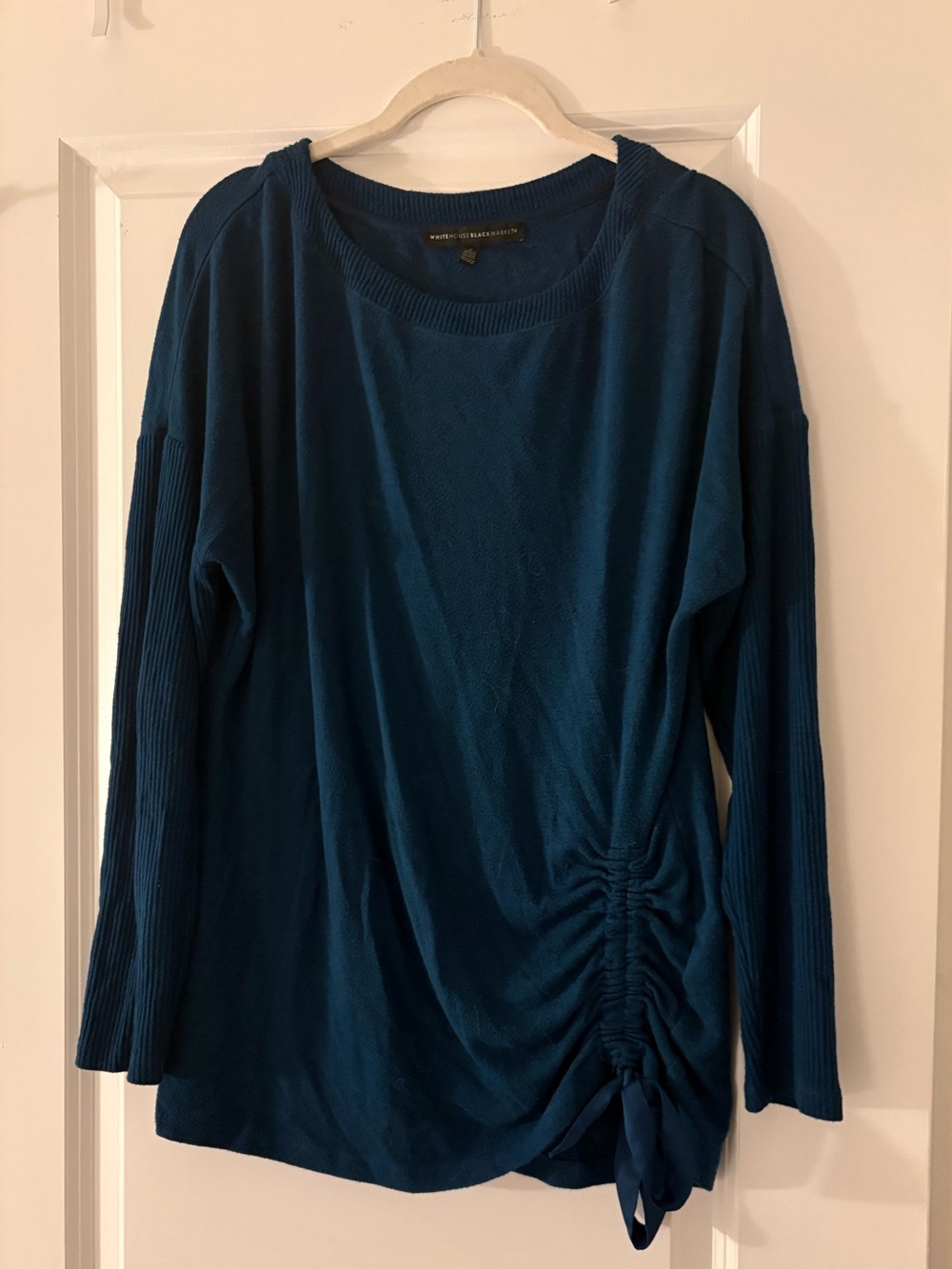 White House Black Market Teal Side-Ruch Long Sleeve Top